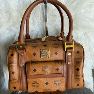 MCM Cognac Visetos Mini Boston Satchel with Gold Hardware